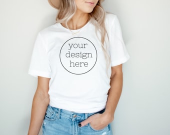 May include: White t-shirt with a black circle and the text "your design here" in the center.