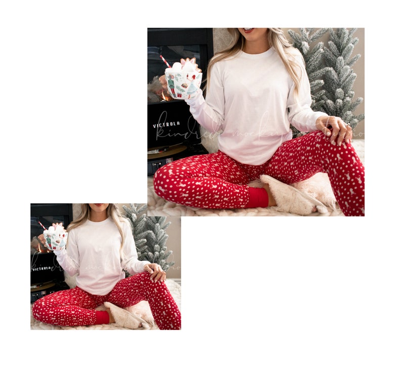 K&ouml;nnte beinhalten: Eine Frau tr&auml;gt ein wei&szlig;es Langarmshirt und eine rote und wei&szlig;e gemusterte Schlafanzughose. Sie h&auml;lt eine Tasse mit Marshmallows in der Hand. Die Tasse hat ein Weihnachtsmotiv.