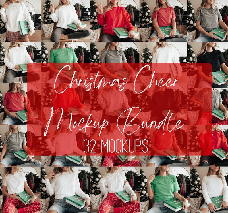 Op de afbeelding: Een verzameling afbeeldingen met verschillende t-shirts en sweatshirts in kleuren zoals wit, rood en grijs. De tekst "Christmas Cheer Mockup Bundle" is over de afbeeldingen geplaatst, met "32 Mockups" eronder. Elke afbeelding toont een persoon met een groen boek.