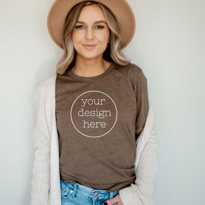 Heather Brown 3001 T-shirt Mockup| Boho Shirt Mockup| Bella Canvas 3001 Mockup| Cute Shirt Mockups| Model Mockup Shirt image 1