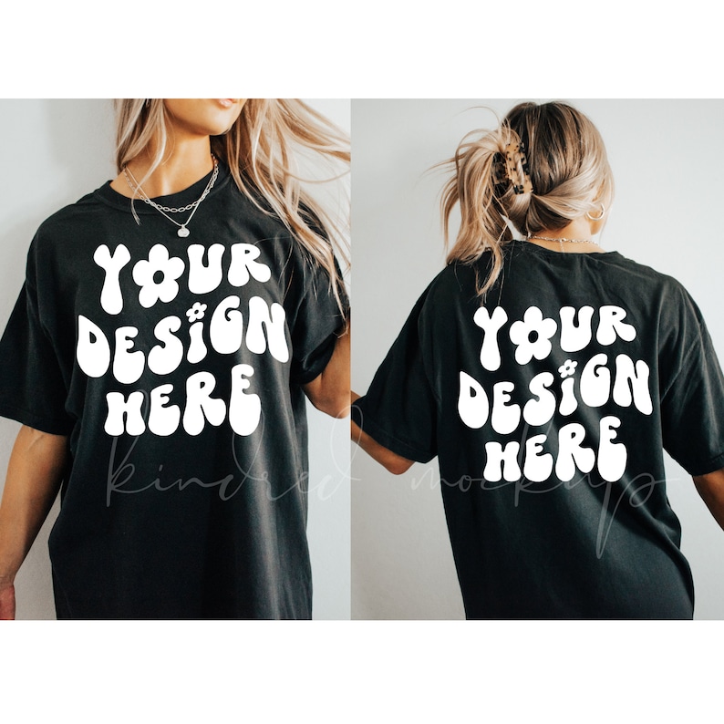 May include: A black oversized t-shirt mockup with the text "YOUR DESIGN HERE" in white, featuring a retro flower design. The shirt is shown on a model from the front and back.