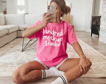 Neon Pink Comfort Colors 1717 T-Shirt Mockup| Comfort Colors T-shirt Mockup| Oversized Shirt Mockup| Print On Demand Mockup