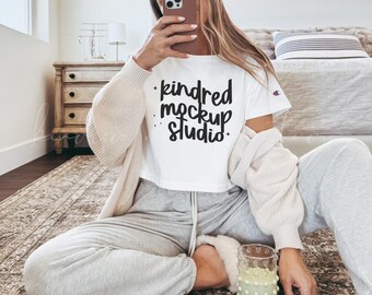 Champion Crop Top Mockup| White Crop Top Mockup| White Cropped Tee Mockup| Trendy Mockup| Summer Mockup| T453W Mockup