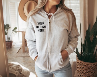 18600 Ash Zip Up Mockup| Gildan 18600 Mockup|