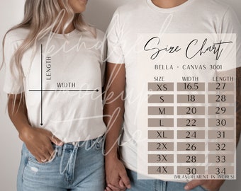 Bella Canvas 3001 Size Chart| Bella and Canvas 3001 Size Chart| Size Chart for Bella and Canvas 3001| Size Chart Mockup