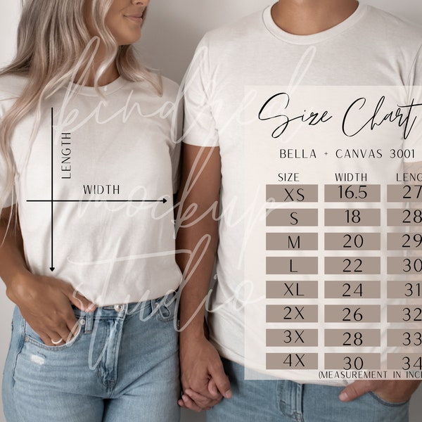 Bella Canvas 3001 Size Chart| Bella and Canvas 3001 Size Chart| Size Chart for Bella and Canvas 3001| Size Chart Mockup