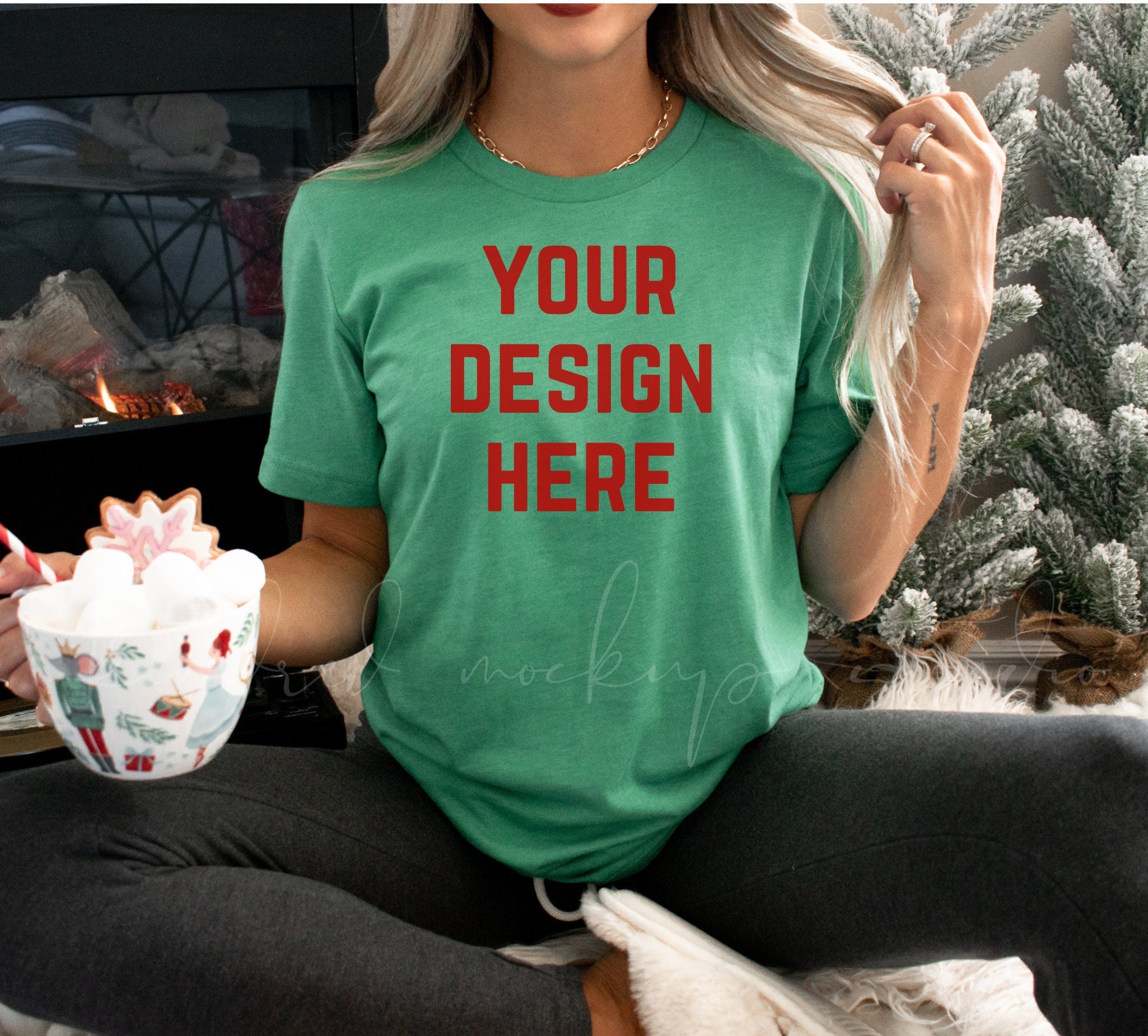Heather Kelly Green Bella Canvas 3001 Shirt Mockup| Christmas Mockups|  Holiday Mockup| Christmas Green Shirt Mockup