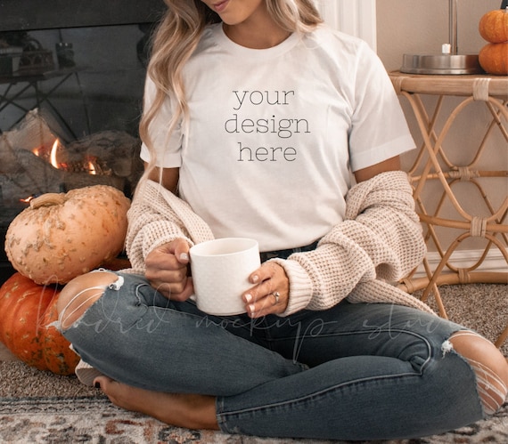 Bella Canvas 3001 Mockup| White T-shirt Mockup| Model Fall Shirt Mockup| Cute Shirt Mockups| Halloween Mockup