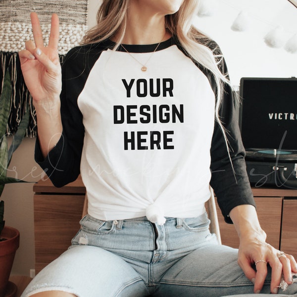 Black and White Raglan Shirt Mockup| Bella Canvas 3200 Mockup| 3 Quarter Sleeve Baseball Tee Mockup