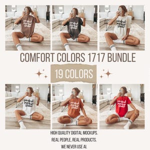 May include: A collection of 19 color mockups featuring a person wearing a t-shirt with the text "kindred mockup studio". The mockups are for a t-shirt design business.