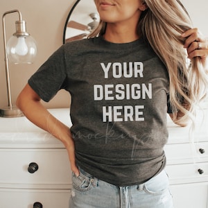 Bella Canvas 3001 Dark Heather Grey Mockup| Grey T-shirt Mockup| Boho Shirt Mockup| Model Mockups