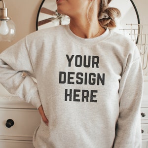 Ash 18000 Sweatshirt Mockup| Gildan 18000 Mockup| Light Grey Sweater Mockup