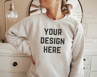 Ash 18000 Sweatshirt Mockup| Gildan 18000 Mockup| Light Grey Sweater Mockup