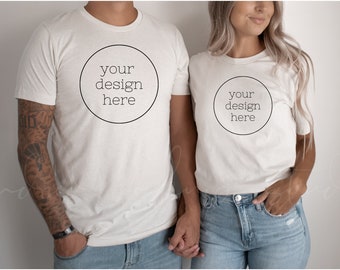 Maquetas de camisetas de pareja/ Bella Canvas 3001 Maqueta de parejas/ Maqueta de camisetas blancas/ Maquetas de camisas de hombres y mujeres/ Camisa de maqueta modelo