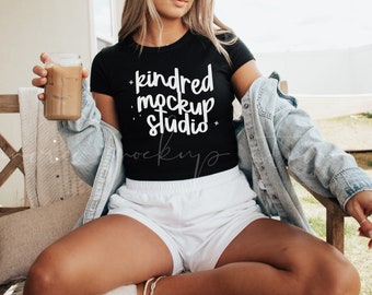 Bella Canvas Baby Tee Mockup| Black Bella Canvas 1010 Mockup| Baby Tee Mockup| Crop Top Mockup| Black Cropped Tee Mockup