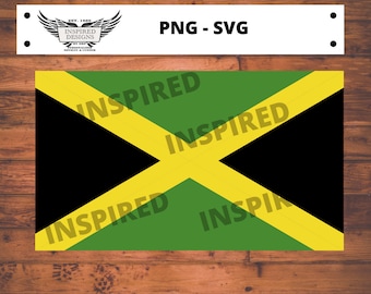 May include: A rectangular graphic of the Jamaican flag, featuring a yellow diagonal cross dividing the flag into four sections. The top and bottom sections are green, and the left and right sections are black. The word "INSPIRED" is printed diagonally across the flag. The text "PNG - SVG" is above the flag.