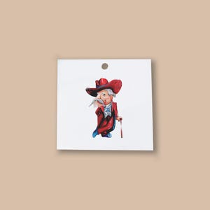 May include: A watercolor illustration of an elderly man in a red suit and hat, holding a cane. The man has a white mustache and is wearing a blue bow tie. The image is on a white square.