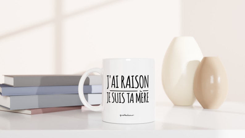 Puede incluir: Taza de cer&aacute;mica blanca con texto negro que dice "J'AI RAISON JE SUIS TA MERE" sobre una superficie blanca con una pila de libros y dos jarrones.