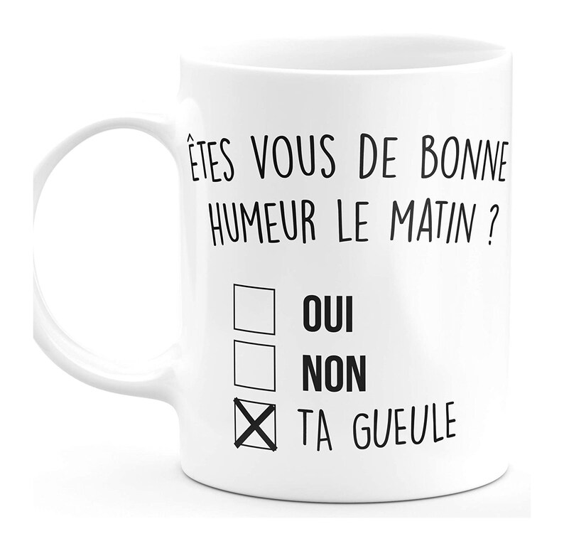 May include: White ceramic mug with black text that reads "&Ecirc;tes vous de bonne humeur le matin?" with a check box below that says "Oui", "Non", and "Ta gueule" with a check mark next to the last option.