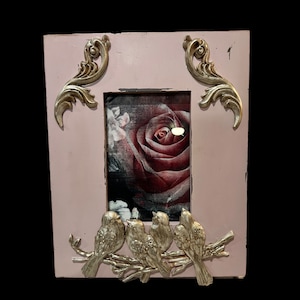 Upcycled Wooden Picture Frame Vintage Shabby Decor Roses Birds