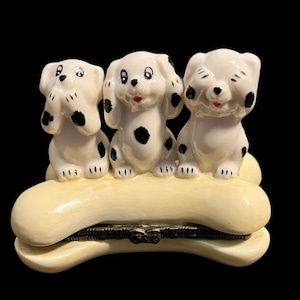 Vintage Hear No Evil See No Evil Speak No Evil Dalmatian Puppies on Dog Bone Trinket Box with Trinkets RARE