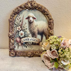 Upcycled Frame Decorative Florals Lamb of God Print Easter Spring Decor