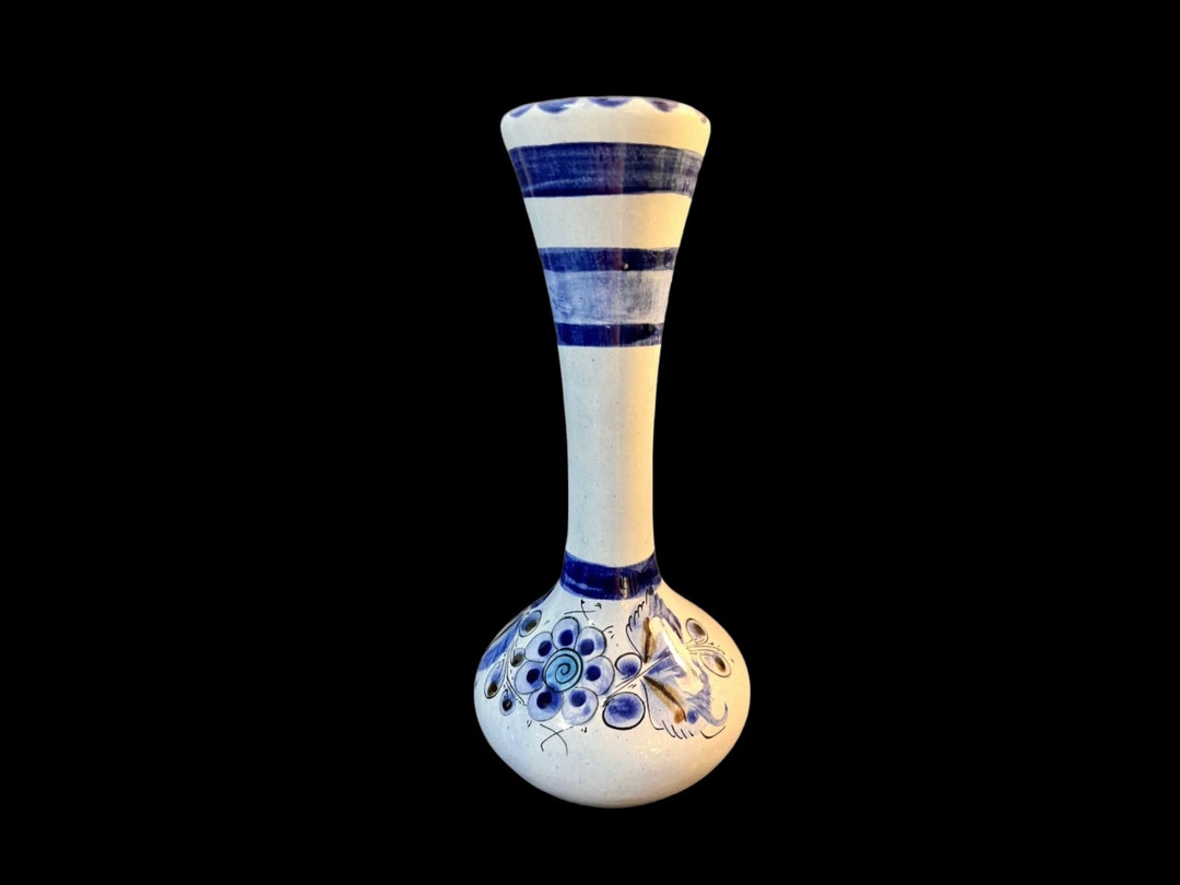 Vintage Tonala Pottery Bud Vase Blue Florals Artist Signed MEXICO Etsy