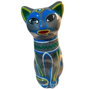 Vintage Tonala Large Hand Painted Ceramic Cat Coin Bank Sunflowers 8&quot; ~ MEXICO
