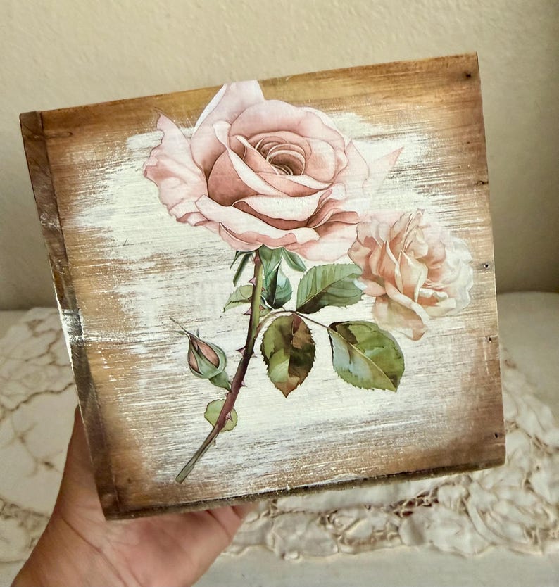 Hand Painted Rustic Wooden Box Shabby Chic Pink Roses Upcycled - Etsy