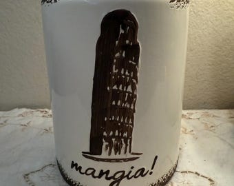 Ceramic Farmhouse Utensil Crock "Mangia" Leaning Tower of Pisa Storage Canister