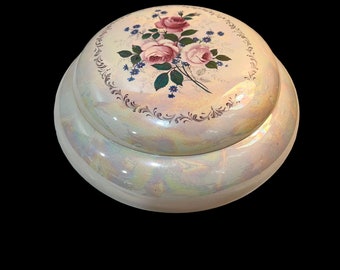 Vintage Hand Painted Iridescent Ceramic Porcelain Powder Box with Hand Painted Florals 5.75"W x 2.5"H