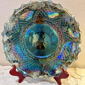 Vintage Indiana Glass Windsor Blue or Marigold Carnival Glass Crimped Plate Diamond Point Iridescent YOU CHOOSE