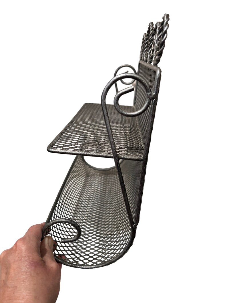 Vintage 1960s Decorative Metal Wire Mesh Wall Shelf Rack Silver Tone