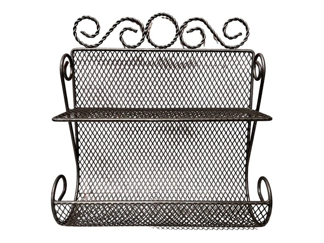 Vintage 1960s Decorative Metal Wire Mesh Wall Shelf Rack Silver Tone