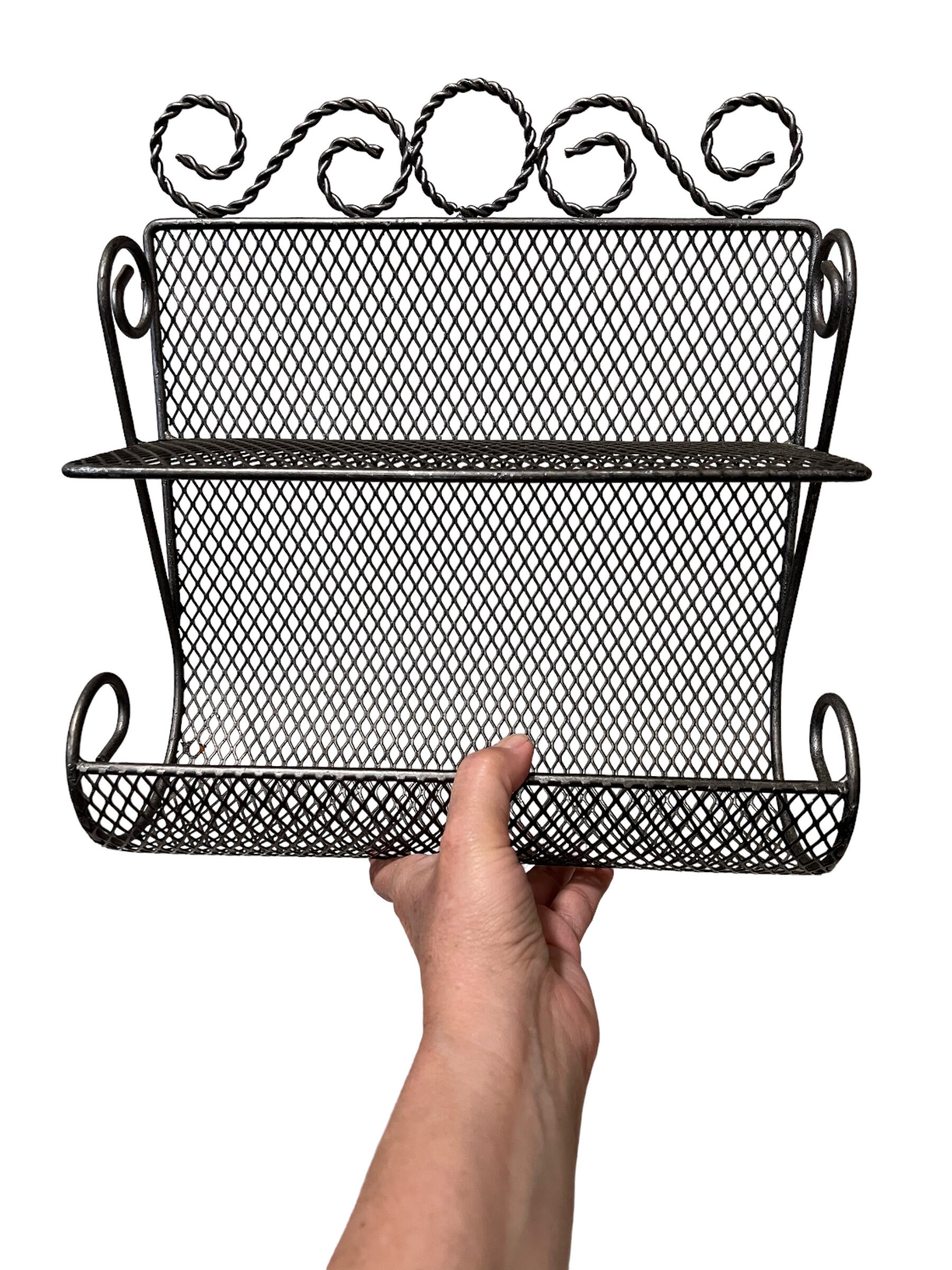 Vintage 1960s Decorative Metal Wire Mesh Wall Shelf Rack Silver Tone