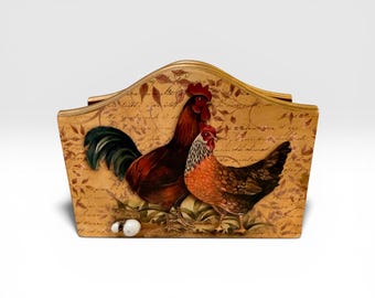 Vintage Wooden Farmhouse Country Kitchen Chicken Hen Rooster Napkin Holder