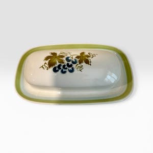 May include: A rectangular butter dish with a white base and a green border. The lid features a painted design of green leaves and blue grapes. The dish is made of ceramic and is suitable for kitchen use.