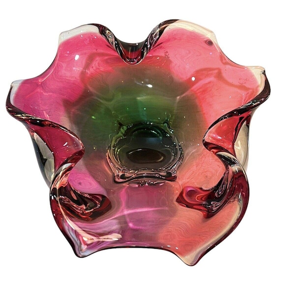 Vintage Bohemian Pink and Green Art Glass Bowl Josef Hospodka for Chribska made in Czechia