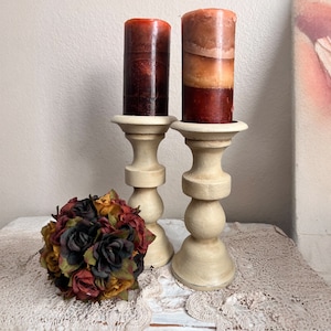 Set of Two French Country Rustic Wooden Hand Painted Pillar Candlesticks Shabby Chic
