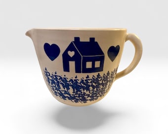 RARE East Texas Hand Thrown Pottery Mixing Bowl Blue & Linen Farmhouse Hearts
