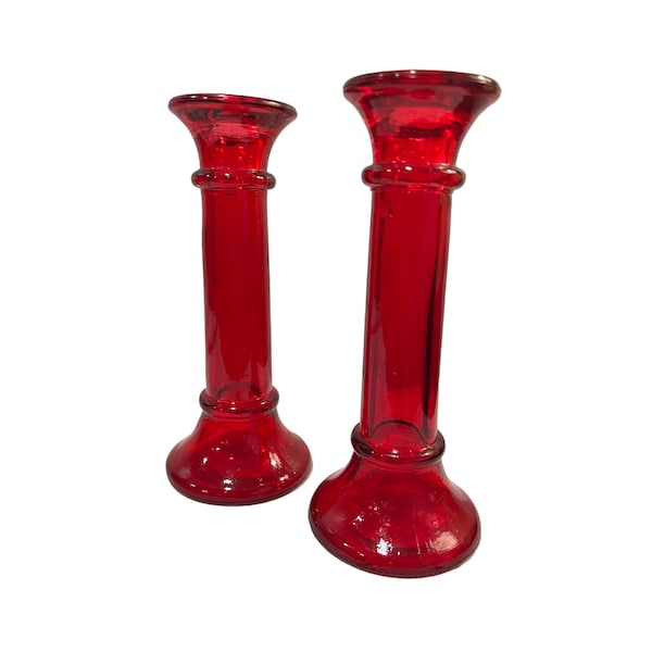 Set of 2 Indiana Glass Ruby Red 7 inch Candlesticks ~ USA