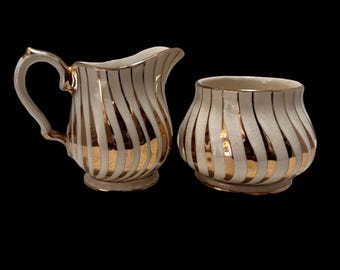 Vintage 1950s Sadler Creamer & Open Sugar Set Gold Cream Swirl #2737~ENGLAND