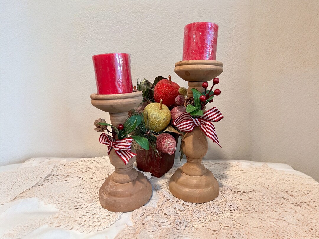Set of 2 Upcycled Rustic Wooden Candlestick Pillar Holders Christmas ...