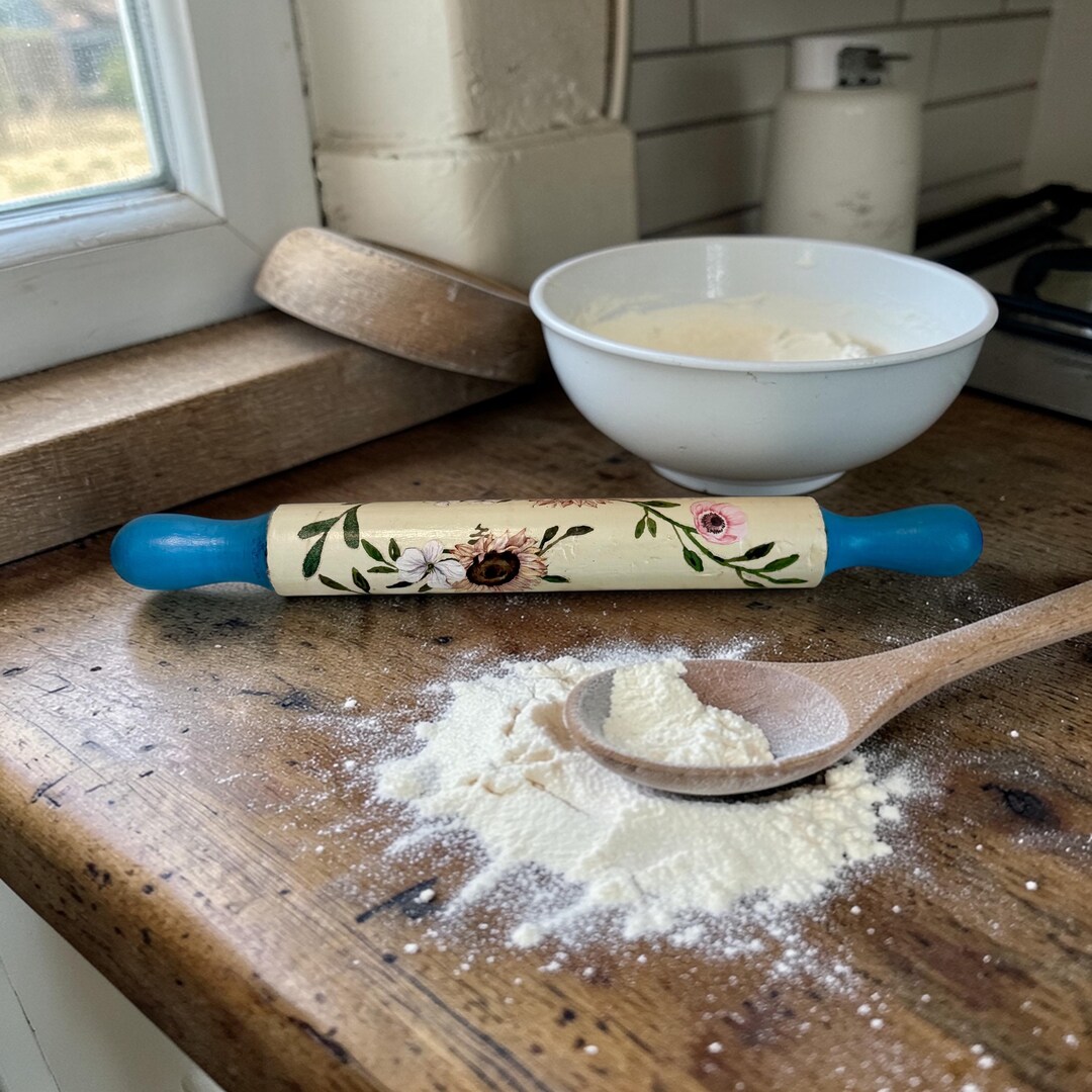 Vintage One Piece Wooden Rolling Pin Upcycled Hand Painted Cottage Core ...