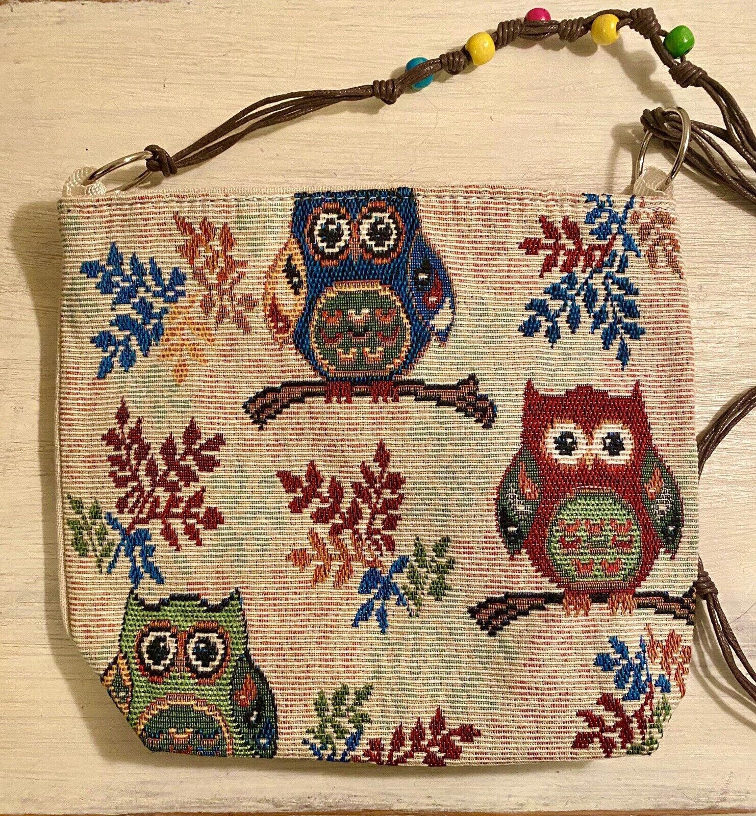Vintage Handmade Owl Crossbody Handbag Purse Shoulder Bag 8"x 7.5"