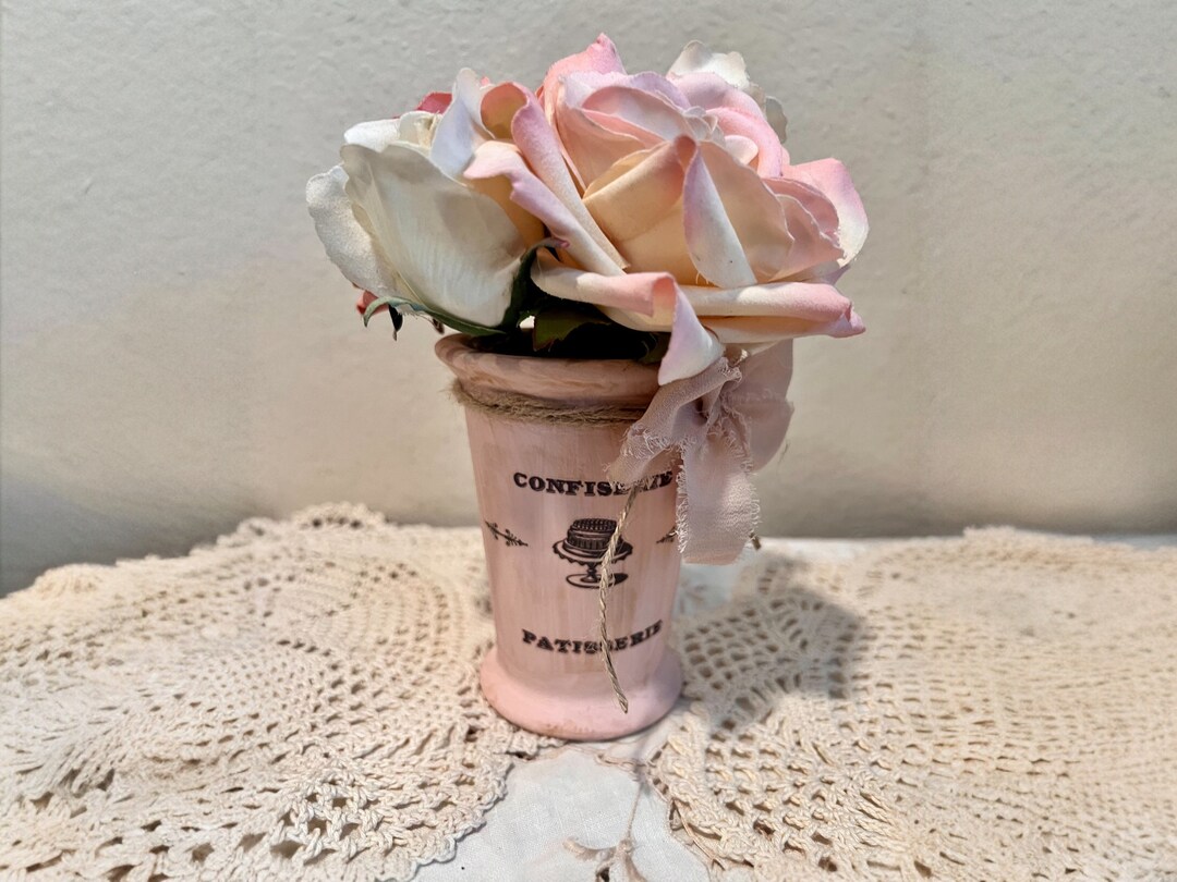 Upcycled Shabby Chic French Country Rustic Metal Vase With Pink and ...