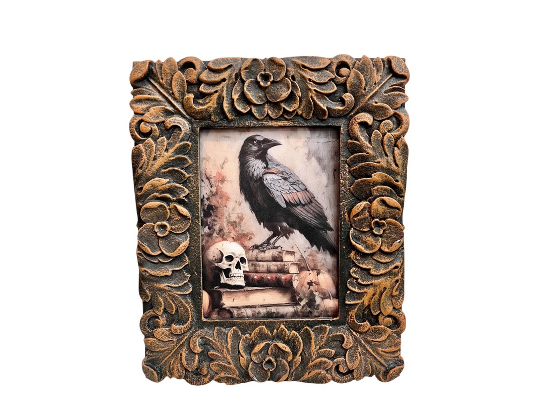 Crow Frame Upcycled Frame With 5x7 Crow and Skull Print Harvest Fall Autumn Decor ...