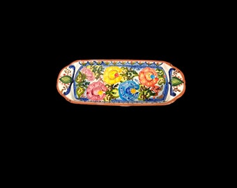 Beautiful and Colorful Red Clay Hand Painted Floral Rectangular Serving Platter Plate ~ SIGNED