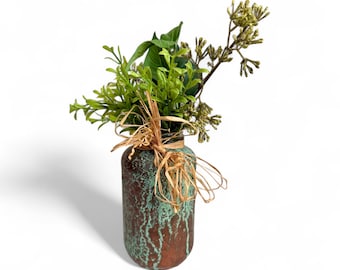 Patina Rusty Crusty Hand Painted Upcycled Rustic Jar with Greenery