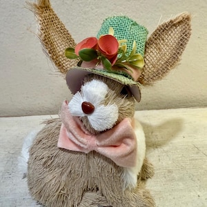 Vintage Sisal Bunny Rabbit Easter Decor Burlap Ears Velvet Bow Top Hat